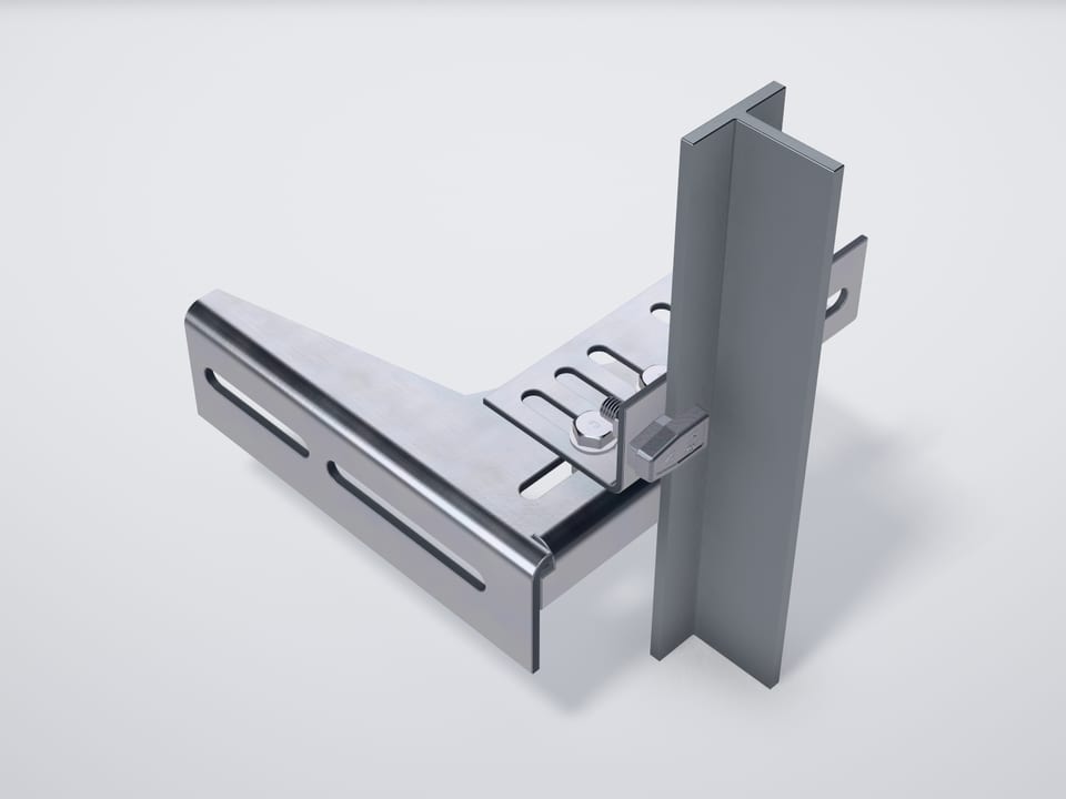 Render 3D del supporto SU 220 160 montato con la staffa guida SG 80 150 e la guida