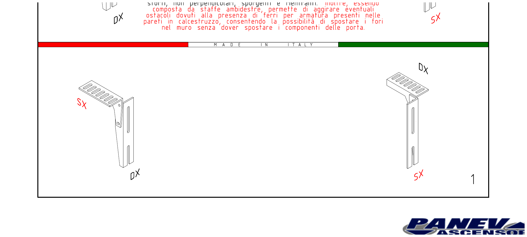Technical drawing of the patented brackets in right-hand (DX) and left-hand (SX) versions